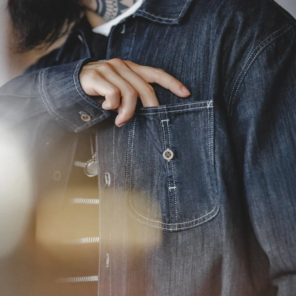 Maden Vintage Washed Denim Long-sleeved Shirt with Large Pocket Single-breasted Loose Lapel Blouses for Men's Autumn Tops 3