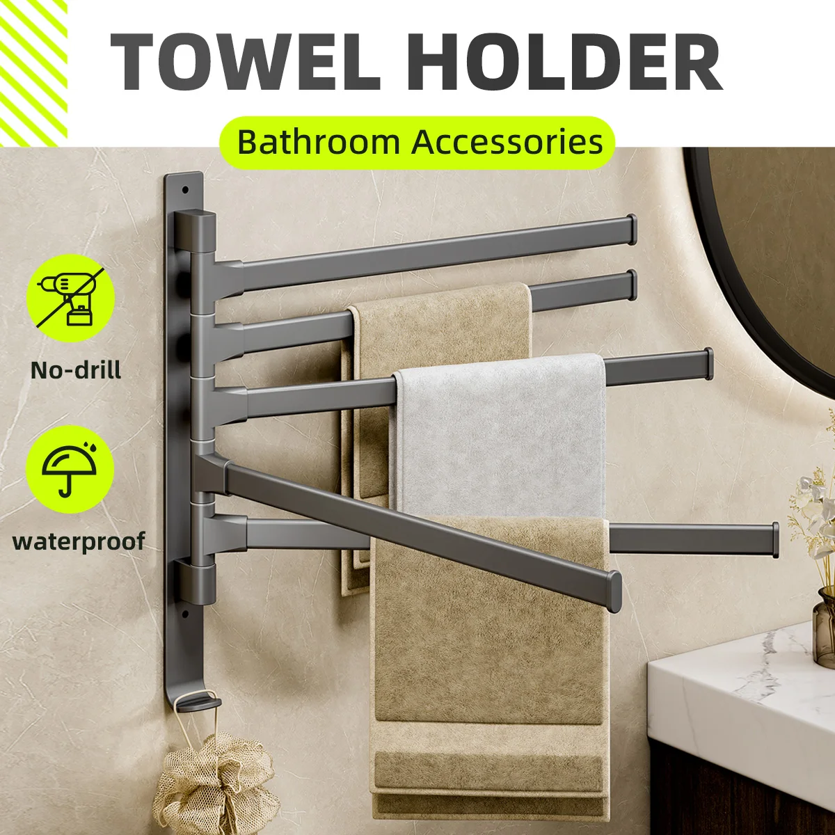Aluminum Alloy Towel Rack Wall Mounted Towel Holder Multifunction Bathroom Storage Shelf No Drilling