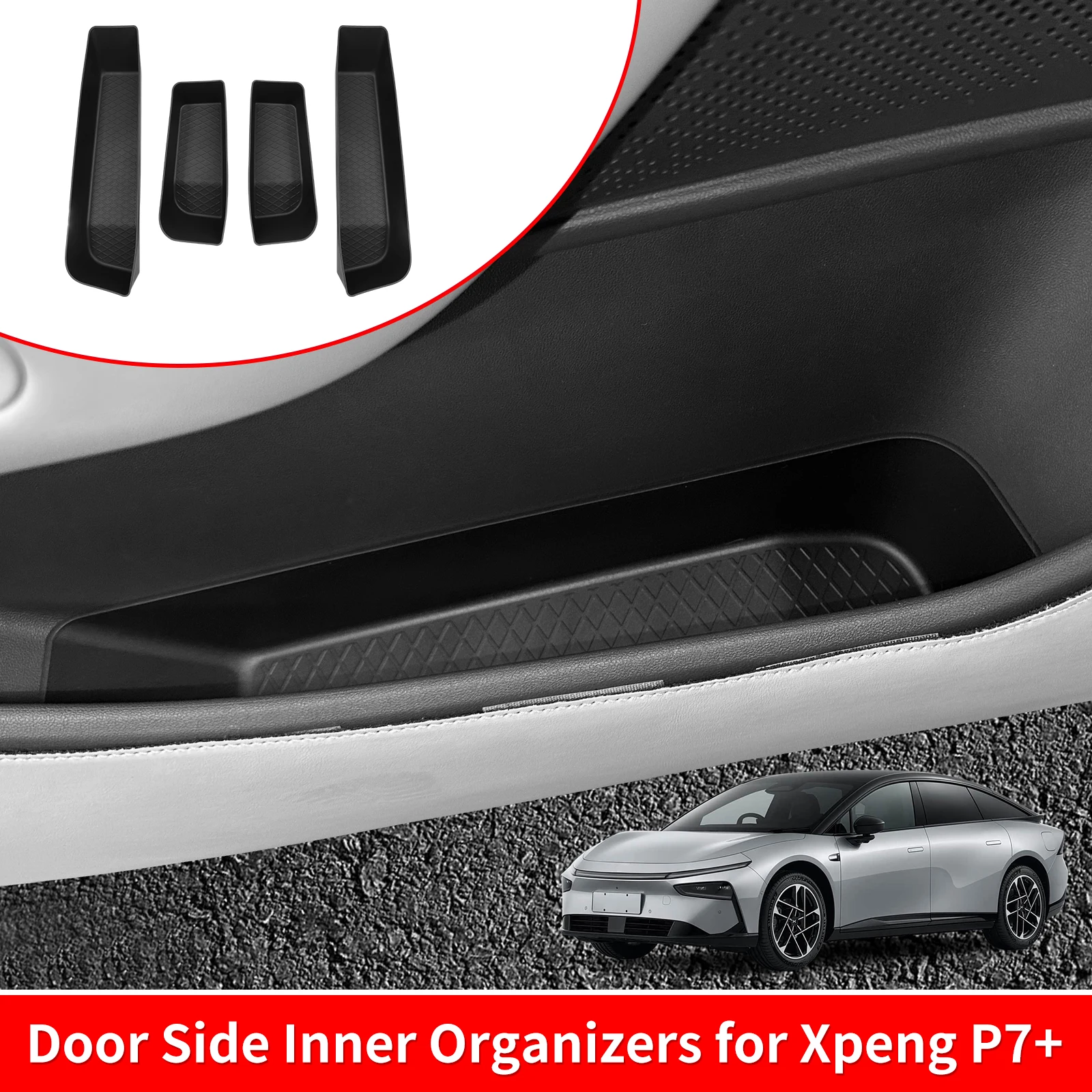 Smabee für Xpeng P7+ 2024-2026 Vordere und Hintere Tür-Aufbewahrungsfächer Auto-Türgriff-Aufbewahrungsbox Organizer TPE Auto-Zubehör Schwarz 4 Stück – Detail 1