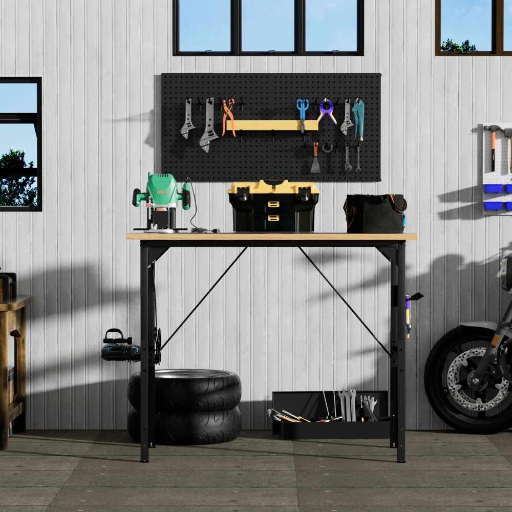 48'' Verstellbare Mobile Werkbank, Holz-Garagenbank mit Lochplatte, 700KG Tragfähigkeit, AC/USB-Ladeanschluss, Ablagefach – Detail 5