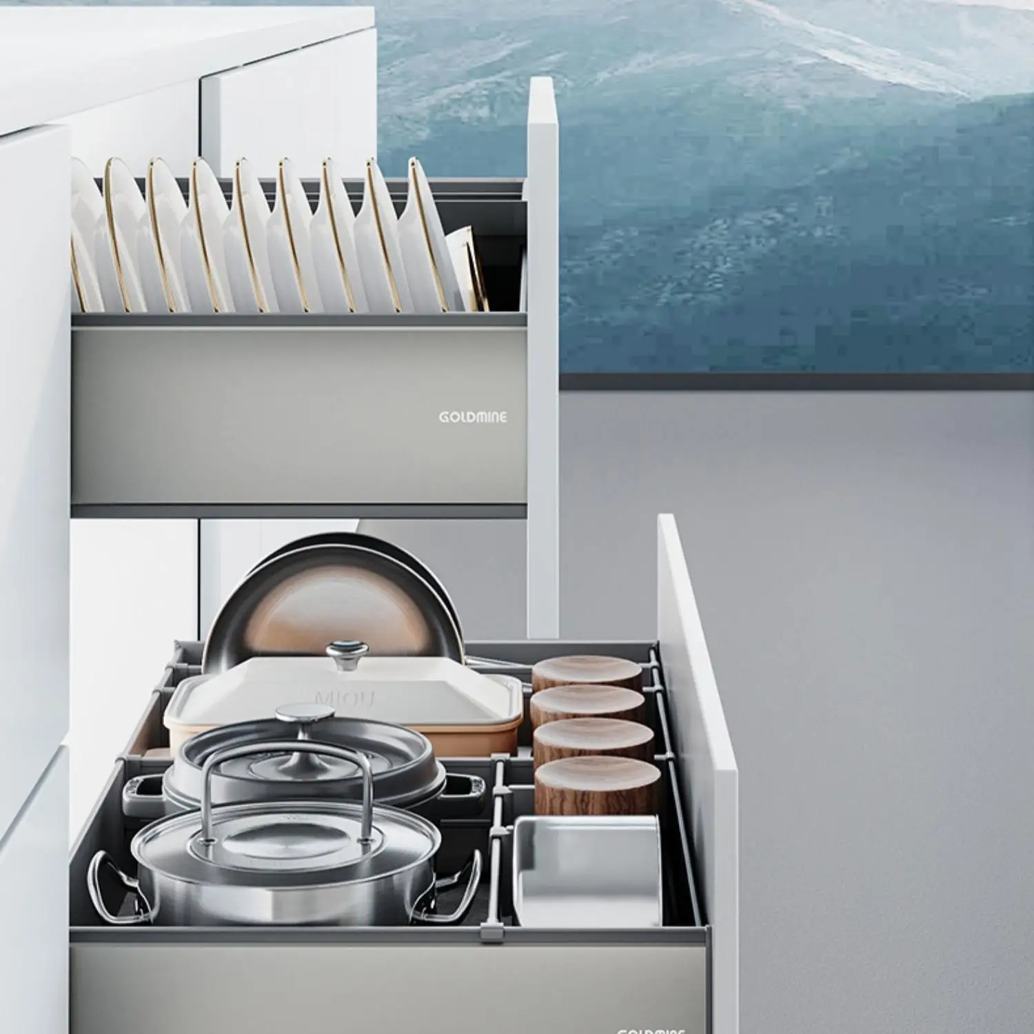 Goldmine Soft Close Drawer Slide Furniture Cabinet Drawer Aluminum Pull Out Plate Rack Pan Storage Set For Kitchen