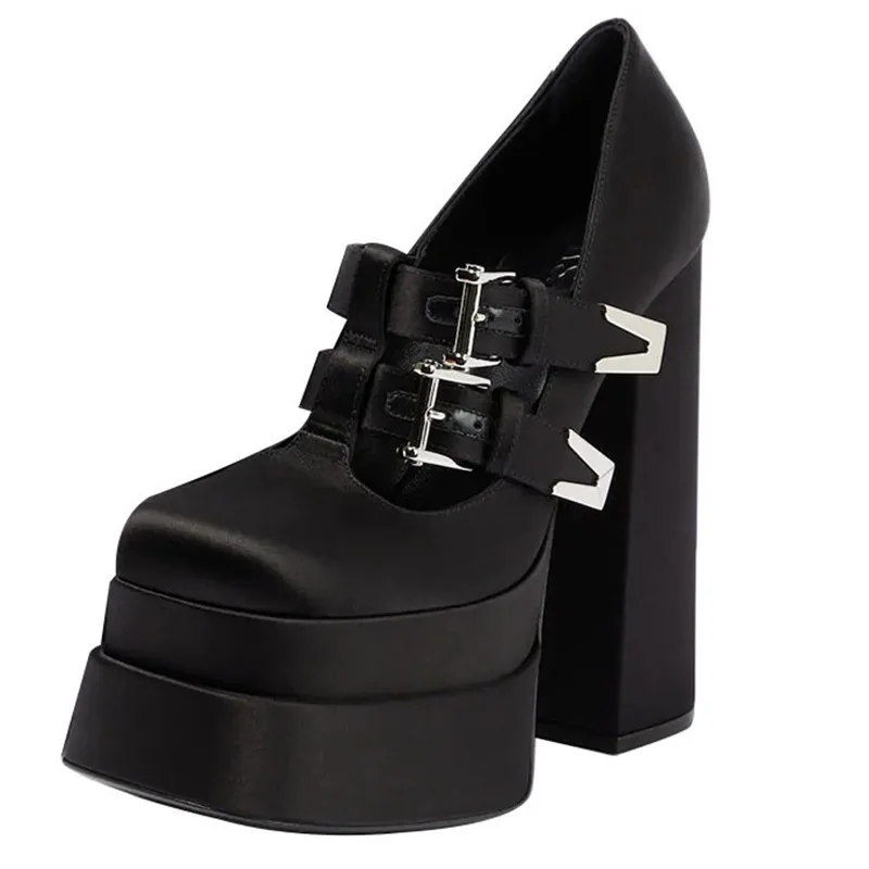 

Fashion Sexy Black Women Single Shoes Square Toe Crude Heel Thick Platform Female High Heels Buckle Strap Cool Ladies Footwear