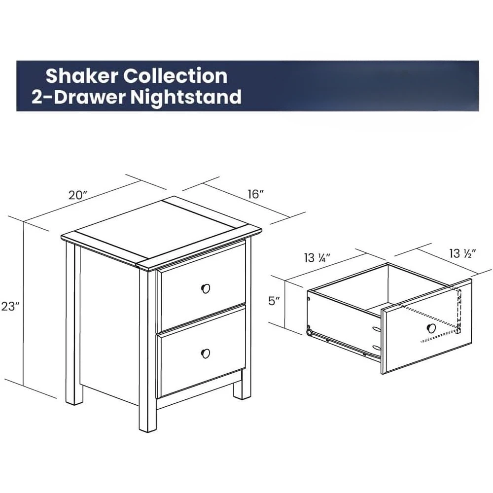 Shaker 2-Drawer Bedside Nightstand, Solid Wood