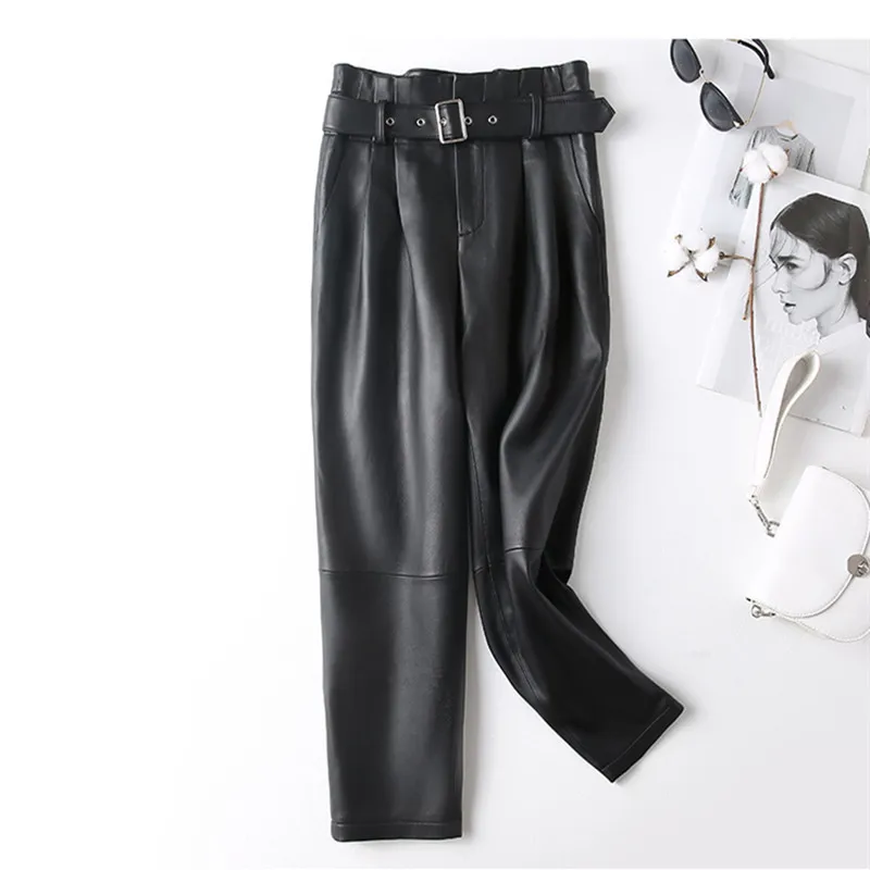Women's High Waist Matte Sheepskin Leather Pants Ankle Length Trousers with Thin Belt Spring Autumn Fashion Smoke Pipe Style - Image 2