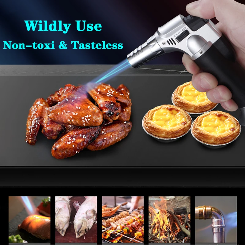 Lot de 5 briquets torches rechargeables au butane avec verrouillage de sécurité, flamme réglable, chalumeau coupe-vent pour bougie, barbecue, cheminée, barbecue, camping (carburant non inclus