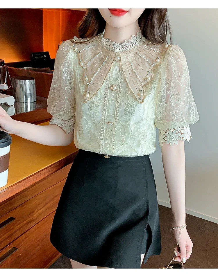 

New Blouse Women Spring Summer Embroidery Crochet Beading Shirts Office Work Blouse Puff Sleeve Vintage Loose Tops D235