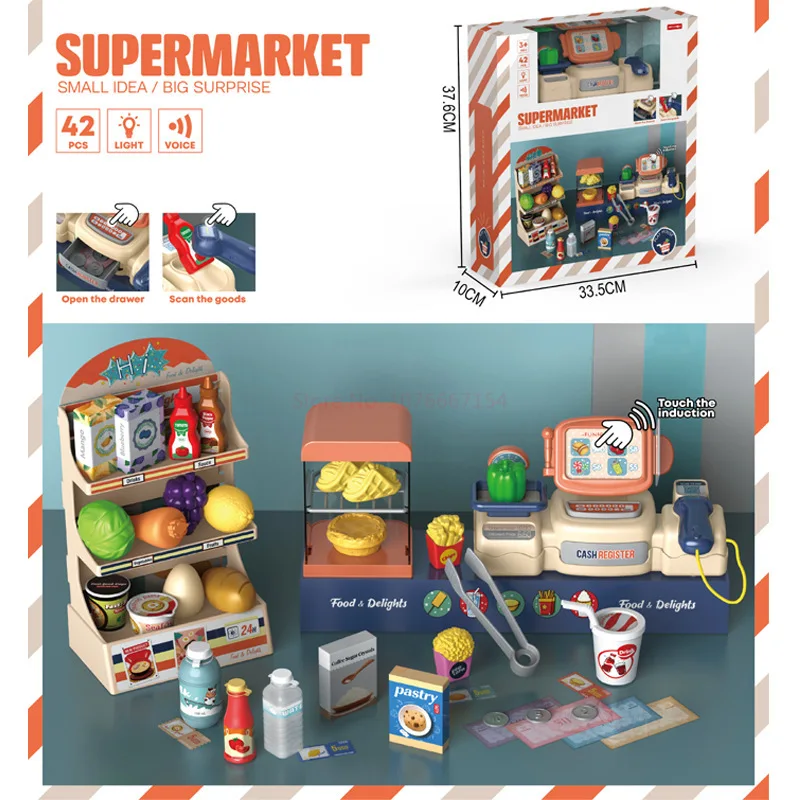 Play House Toy Mini Food Simulation Supermarket Can Scan Multi Function Sound Light Cash Register Xmas Birthday Toy Holiday Gift 5
