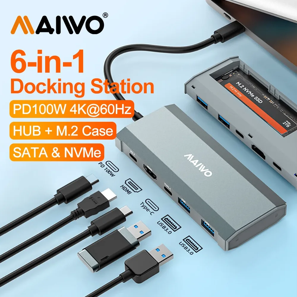 

MAIWO M.2 Hard Drive Enclosure Expansion Dock NVME/SATA Dual Protocol Hard Drive Enclosure Six-in-one Hub Type-C To M.2 Case