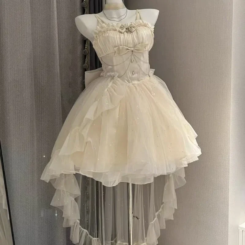 Women Kawaii Ruffles Bow Suspender Princess Dresses Victorian Gothic Lolita Jsk Mini Dress Lolita Dress