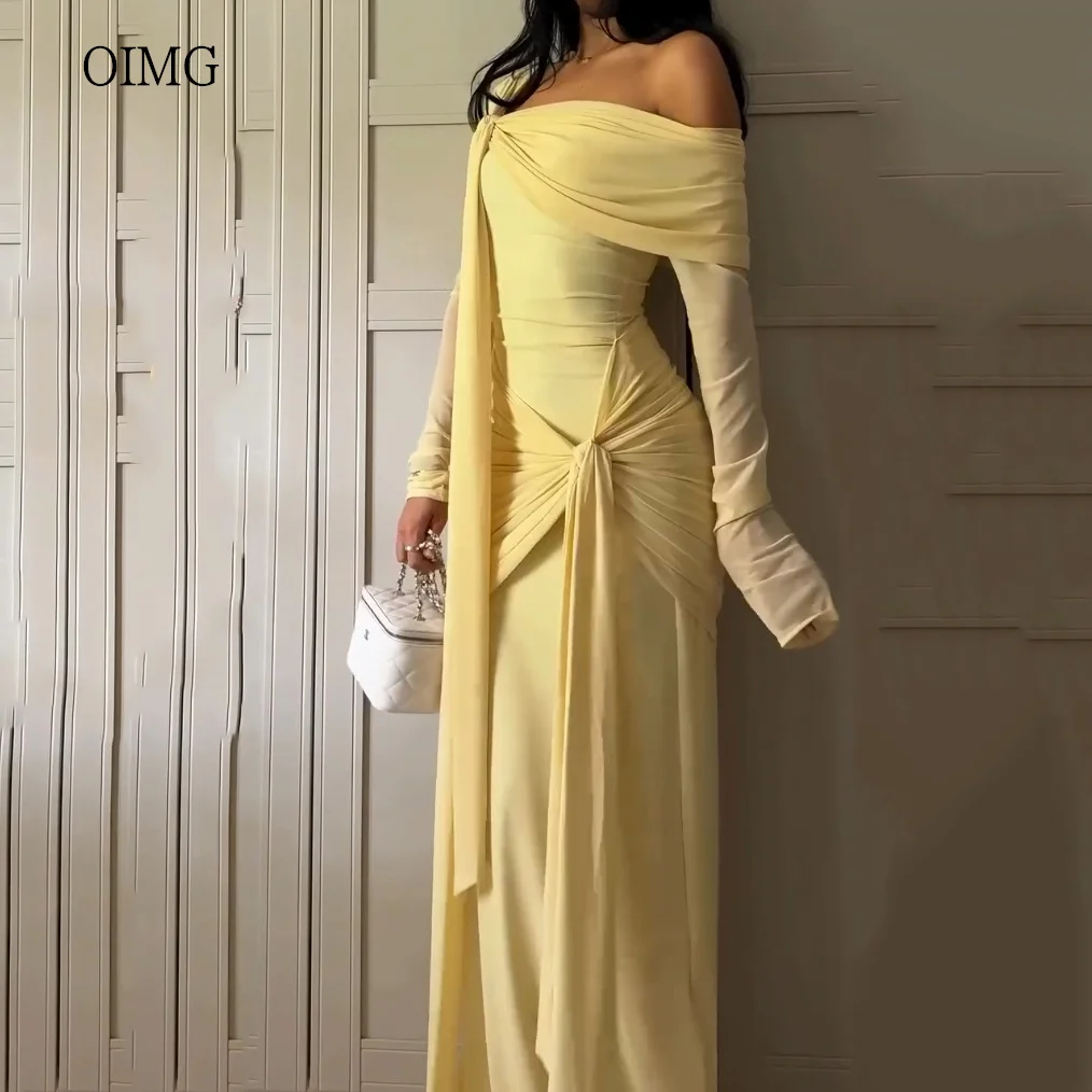 OIMG Modern Yellow Off The Shoulder Prom Gowns Saudi Long Sleeves Party Gown Chiffon Floor Length Evening Dress Customized