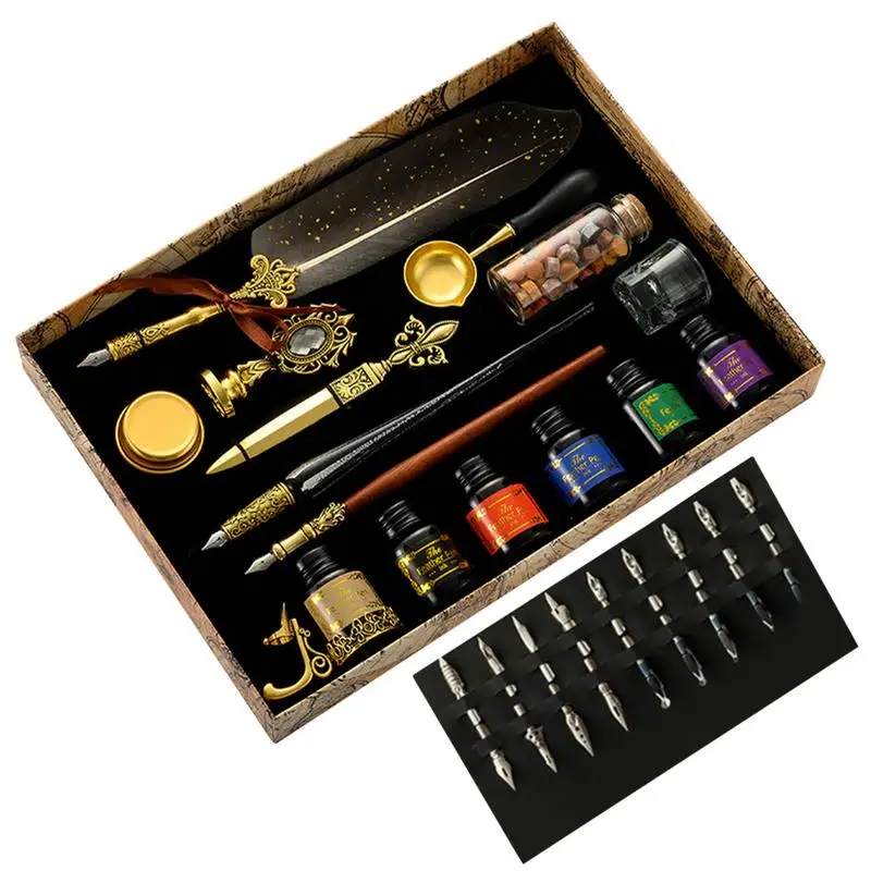 Feather Pen And Ink Set Antique Feather Pen For Writing Quill Pen Set Includes Feather Dip Pen Ink Replacement Nibs Spoon Wax