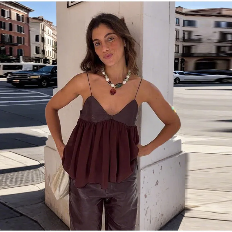 Description Picture 2 of itemPU Leather Patchwork Halter Top Female V-Neck Backless Vest Pleated Loose Casual Camisole Lady Beach Bikini Suspender Waistcoat