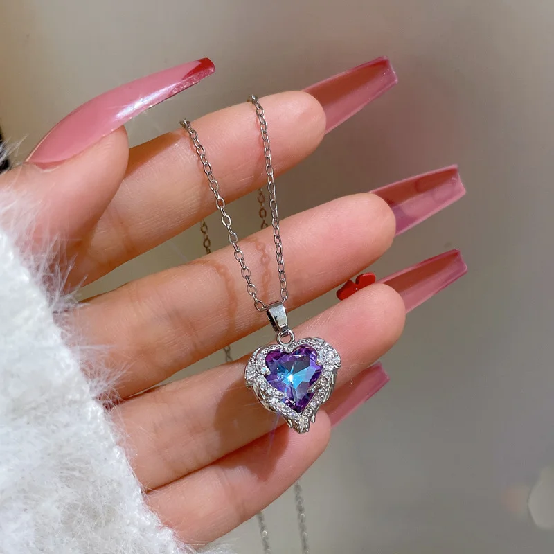 Exquisite 925 Sterling Silver Angel Wings Heart Pendant Necklace for Women Shiny Colorful Crystal  Valentines Day Gift