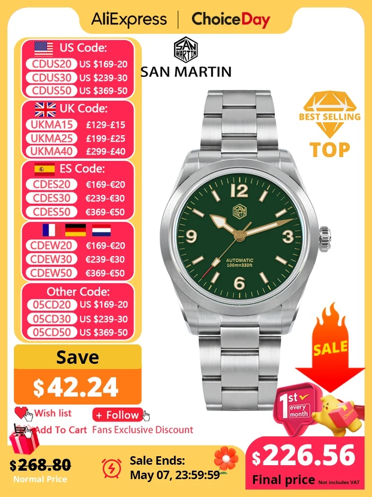 

San Martin New 38mm Vintage Enamel Dial NH35 Men Sport Watch Explore Climbing Series Automatic Mechanical Sapphire 10Bar BGW-9