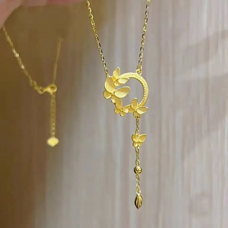 Butterfly Necklace 9999 real gold 24K Women's Light Luxury High-end Butterfly Integrated Chain Collarbone