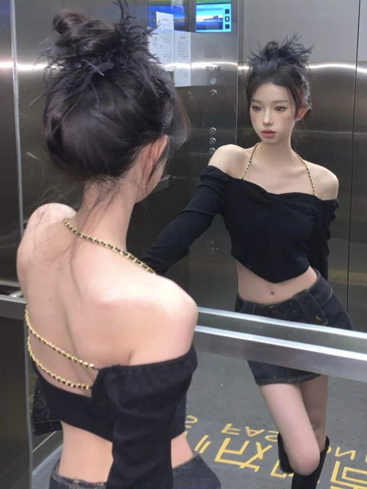 

With Chain Sexy T-shirts Women Backless Fashion Crops Y2k Off-shoulder Night Club Hotsweet All-match High Street Aesthetic Tees