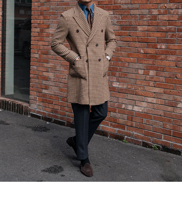 Description Picture 6 of itemMen's Polo Coat Houndstooth Double-breasted Long Slim Elegant UK Fashion Winter Plaid Long Jacket Male Clothing