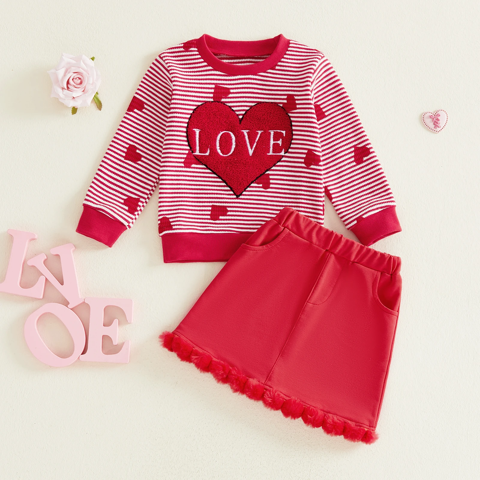Adorable Baby Girls Valentine s Day Outfit Stylish Heart Print Top with Matching Pants 2-Piece Set for Toddlers