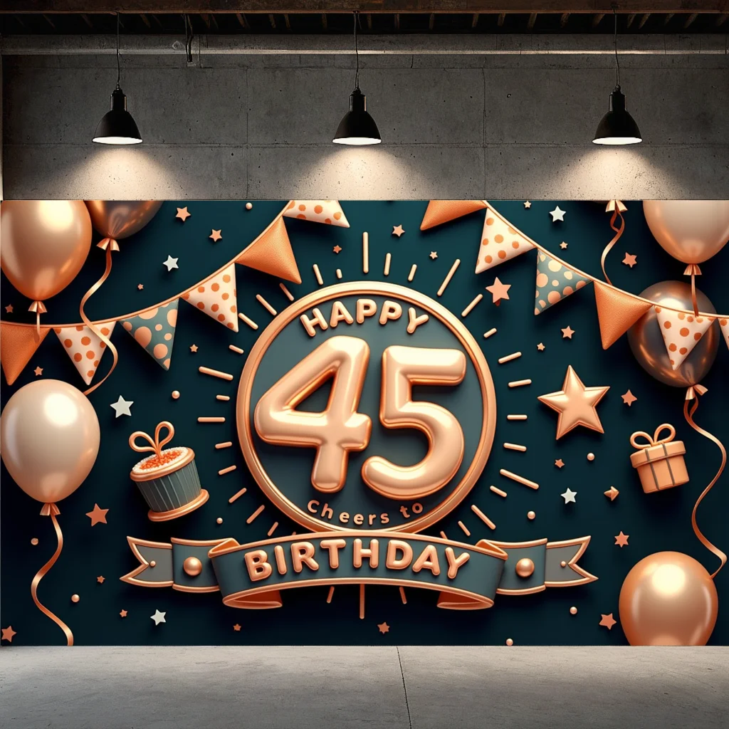 Rose Gold Balloon Happy Birthday Party Backdrop 45th Birthday Party Decoration Banner Polyester Photography Background Banner