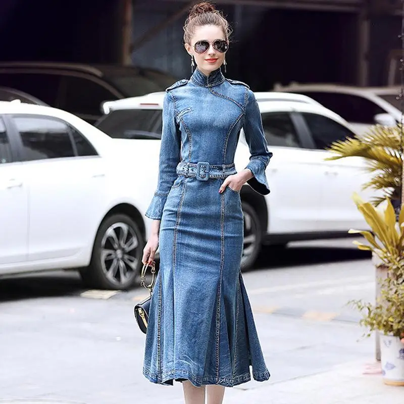 

Vintage Elegant Bodycon Long Denim Dress Female Autumn Spring Slim Sexy Ruffle Trumpet Maxi Jeans Dress Female Denim Robe