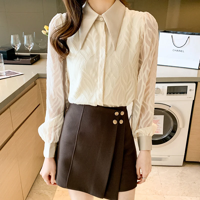 

Ladies Korean Fashion Casual Shirts Blouse Women Tops Woman Button Up Shirt Female Girls Lace Long Sleeve Blouse Py5310