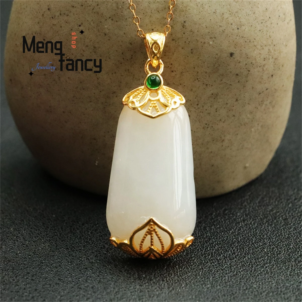 

Natural S925 Silver Inlaid Hetian Sheep Fat White Jade Trapezoidal Wushi Brand Green Treasure Necklace Personalized Fine Jewelry