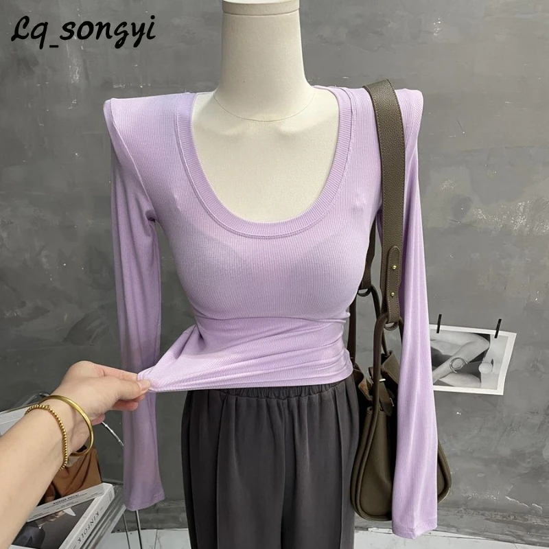 

Lq_songyi Scoop Neck T Shirts for Women Basic Slim T Shirts Women Spring Summer Long Sleeve High Strecth Top Solid Thin T Shirt