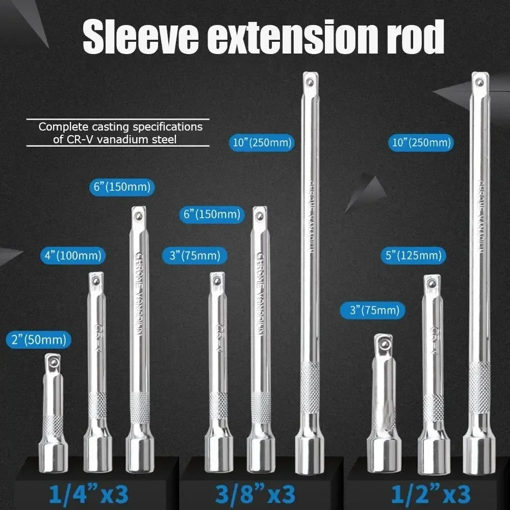 1/4" 3/8" 1/2" Drive Extension Set Socket Ratchet Wrench Extension Bar,50/100/150/250mm Ratchet Wrench Socket Extender Hand Tool