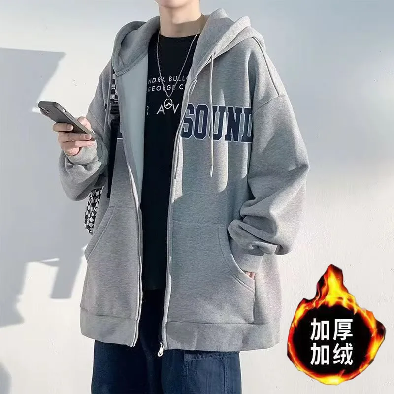 Fanceey 캐주얼 남성 플러시 안감 후드 자켓 지퍼 업 스웨트 따뜻한 겨울 코트 streetwear 패션 풀오버 겉옷 청소년