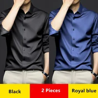 Luxury Men's Social Dress Shirts Spring Autumn Smooth Soft Wrinkle-resistant Non-iron Solid Color Casual Ice Silk Stain Wedding