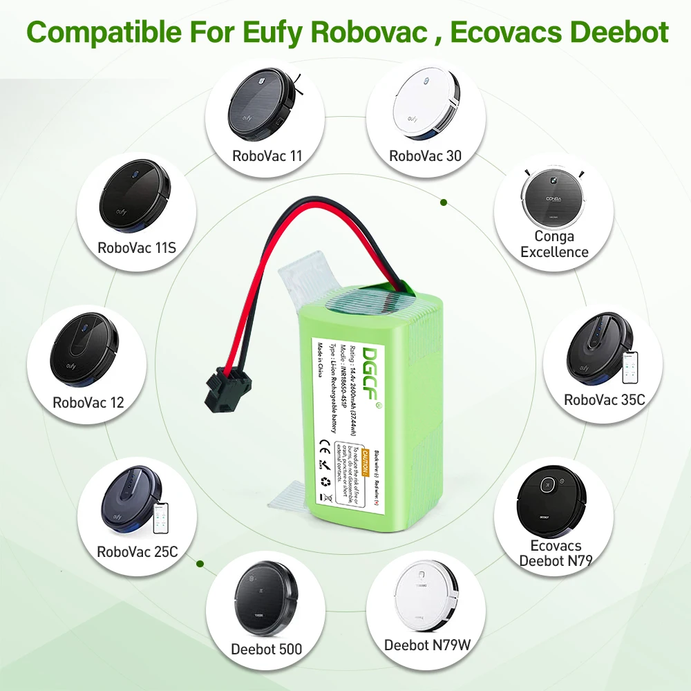 

14.4V 2600mAh Li-Lion Battery For Cecotec Conga Excellence 950 990 1090 Ecovacs Deebot DN621 601/605 Eufy RoboVac 35C i7 V710