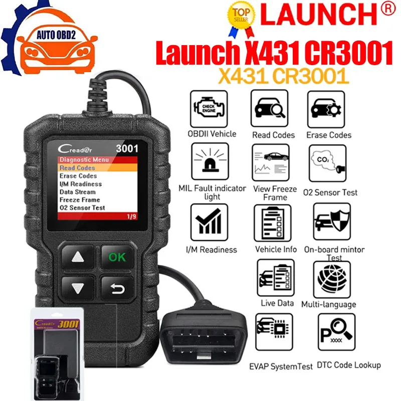 Диагностические инструменты LAUNCH CR3001 X431 CR 3001 OBD2, поддержка полной функции OBDII/EOBD, считыватель автомобильных кодов, контрольный двигатель Pk CR319