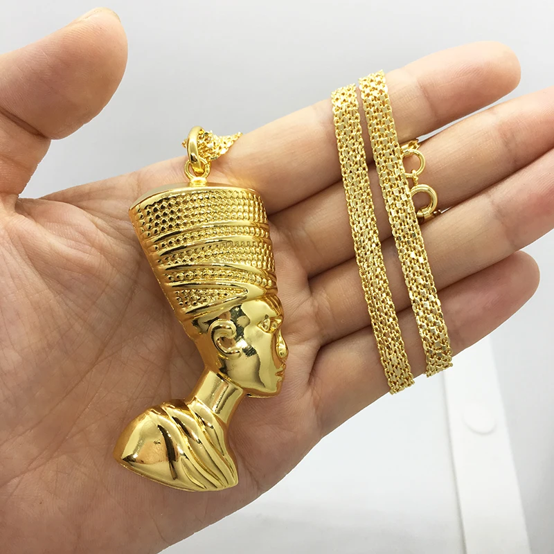 قلادة ذهبية اللون للرجال والنساء ، الملكة المصرية القديمة نفرتيتي ، المعلقات الهيب هوب ، اكسسوارات المجوهرات ، حجم كبير