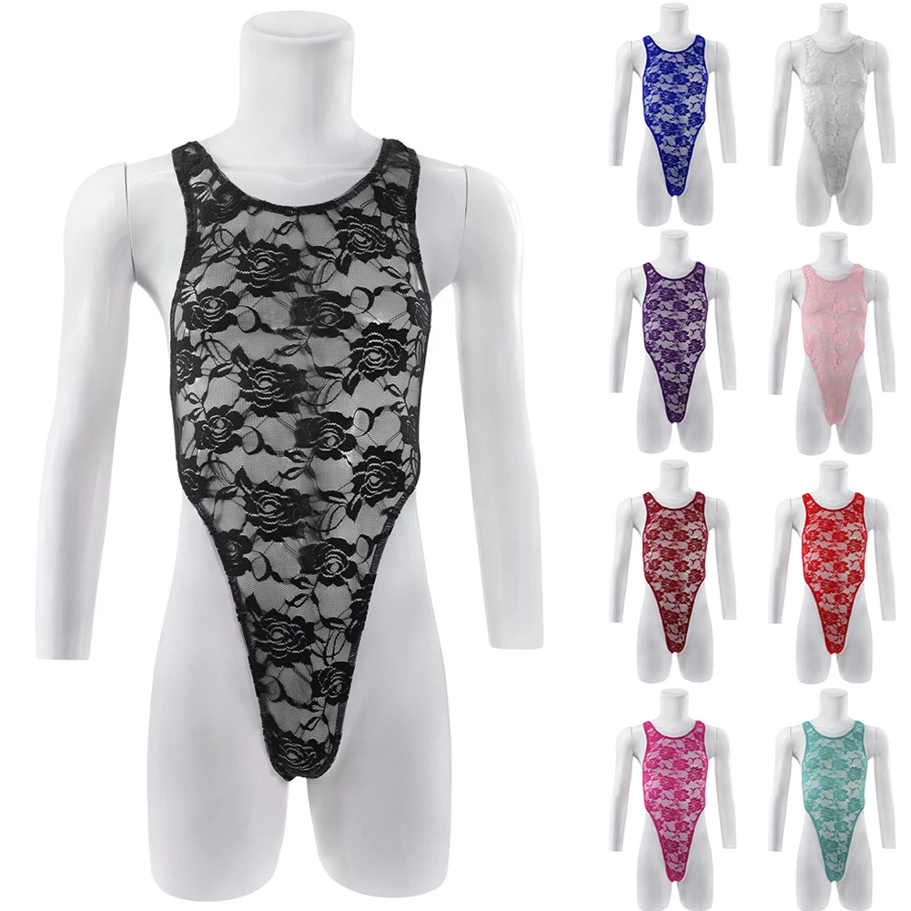 Men Sexy Bodysuit Lace Sleeveless Leotard Jumpsuit Tank Slimming Undershirt Sissy Underwear Gays Sex Love Bodycon