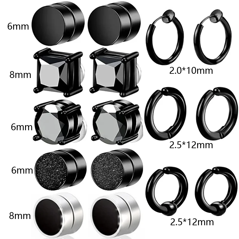 2 Pcs/30 Pcs Magnetic Black Clip On Earrings Men Women Hoop Dangle Helix Earrings Stainless Steel Non-Piercing Set 6