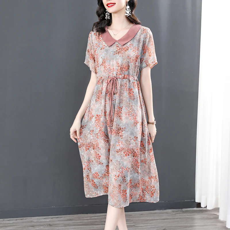 

2023 New Fashion Silk Printed Dress Women's Summer Versatile Doll Neck Short Sleeve Loose Fit Casual Holiday Dress Vestidos