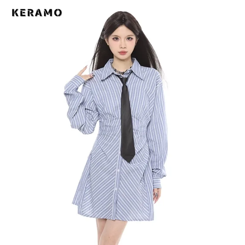 

2023 Autumn Hotsweet Long Sleeve Turn-Down Collar Mini Shirt Dresses Women's Elegant Striped Sexy Sheath A-Line Folds Dress