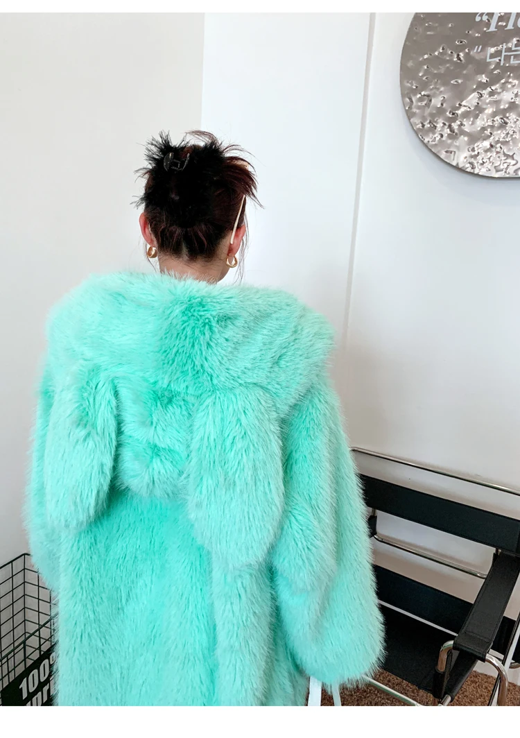 Princess Faux Fur Bunny Ears Hoodie LongPink Jacket Winter Coat For Women