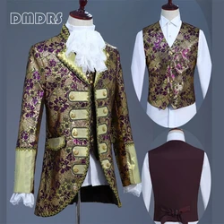 Medieval Luxury  Men's 3 Pieces Suit Set, Gold Lace Blazer Vest Pant Tuxedo For Men Plus Size Vintage Costume Dress Wear