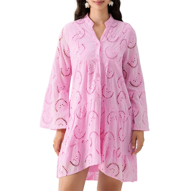 Beach Dress Women Embroidery Lace Eyelet Hollow Out 3/4 Sleeve Single Breasted Mini Dress y2k Vacation Dresses