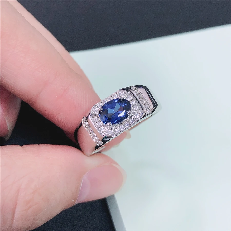 Genuine White Gold 14K Man Rings 1CT Oval Shape Sapphire Engagement Ring For Men Statement Jewelry