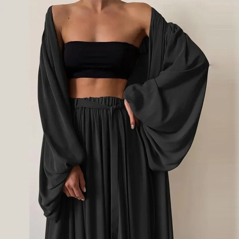 Women 3 Piece Sets Fashion Casual Lantern Sleeve Cardigan Tops+Wide Leg Pants Suits Lady Spring Soft Three Piece Outfit OFE07