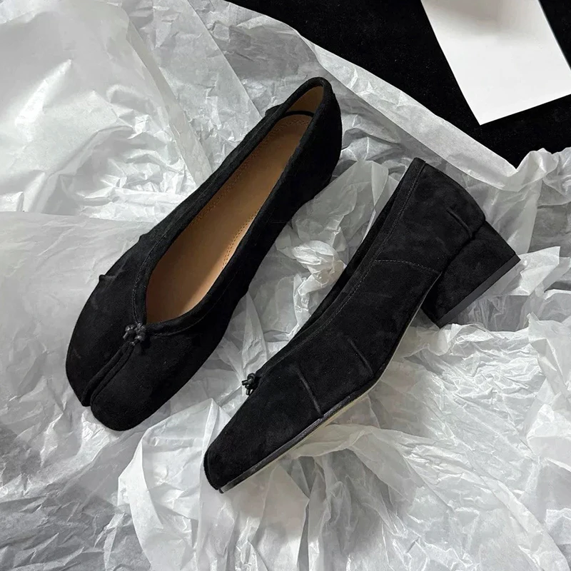 Womens Genuine leather Roundtoe midheel shoes With pleats Tibi Splittoe shoes Sheepskin ballet flats 3cm heel height 5