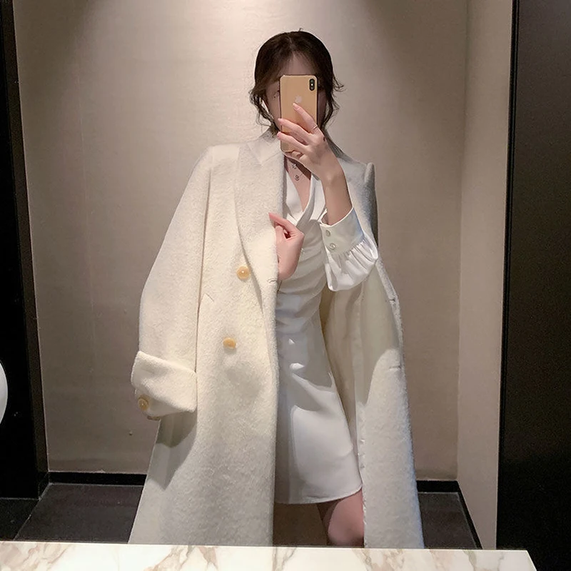 여성용 우아한 롱 울 코트, 벨트 붕대 아웃웨어, 한국 오버사이즈 가디건, 모직 오버코트, 레이스 업, 올 매치 재킷, 겨울 신상