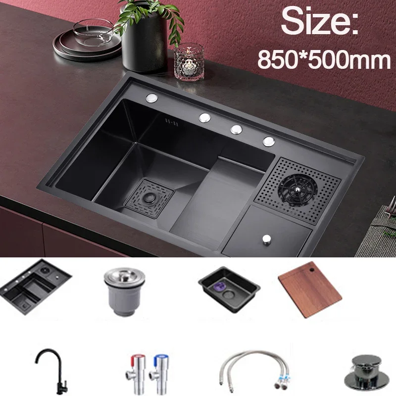 850*500mm Stainless Steel Cup Washer Sink Kitchen Multifunctional Black Diamond Nano Large Single-slot Step Vegetable 6