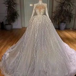 Saudi Arabia Ball Gown Wedding Dress Sequins Appliques Illusion High Neck Long Sleeve Luxury Bridal Gowns Crystal Bride robes