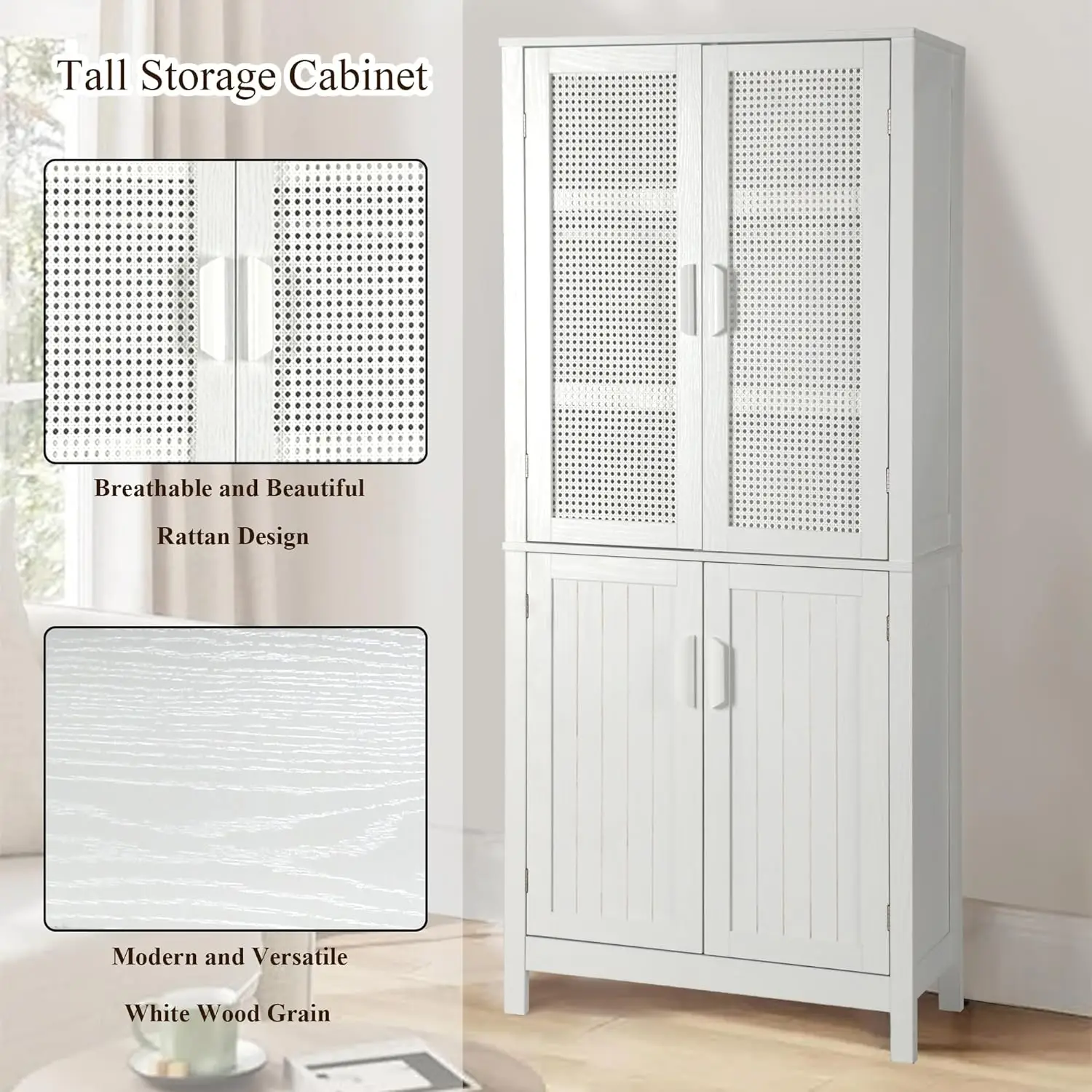 71"Kitchen Pantry Storage Cabinet,Tall Storage Cabinet with Rattan Doors & Adjustable Shelves, Freestanding Cupboard Wood Pantry