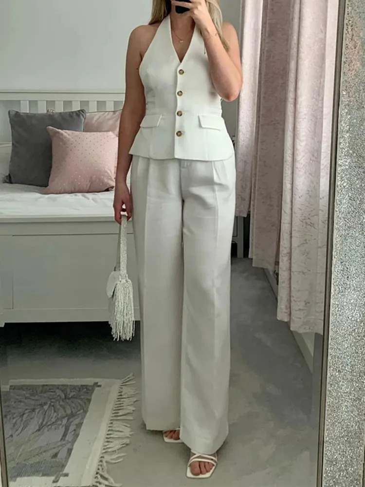 MUJER Pants Sets For Women 2 Pieces Off Shoulder Sleeveless Vest Woman Outfit Fashion Wide Leg Pants Elegant Casual Women's Set - 2