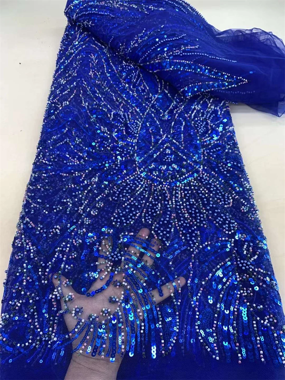 Royal Blue Lace Fabric 5 Yards High Quality Beads And Sequins African Lace Fabric Fashion Materials For Womens Luxury LaceA597-1