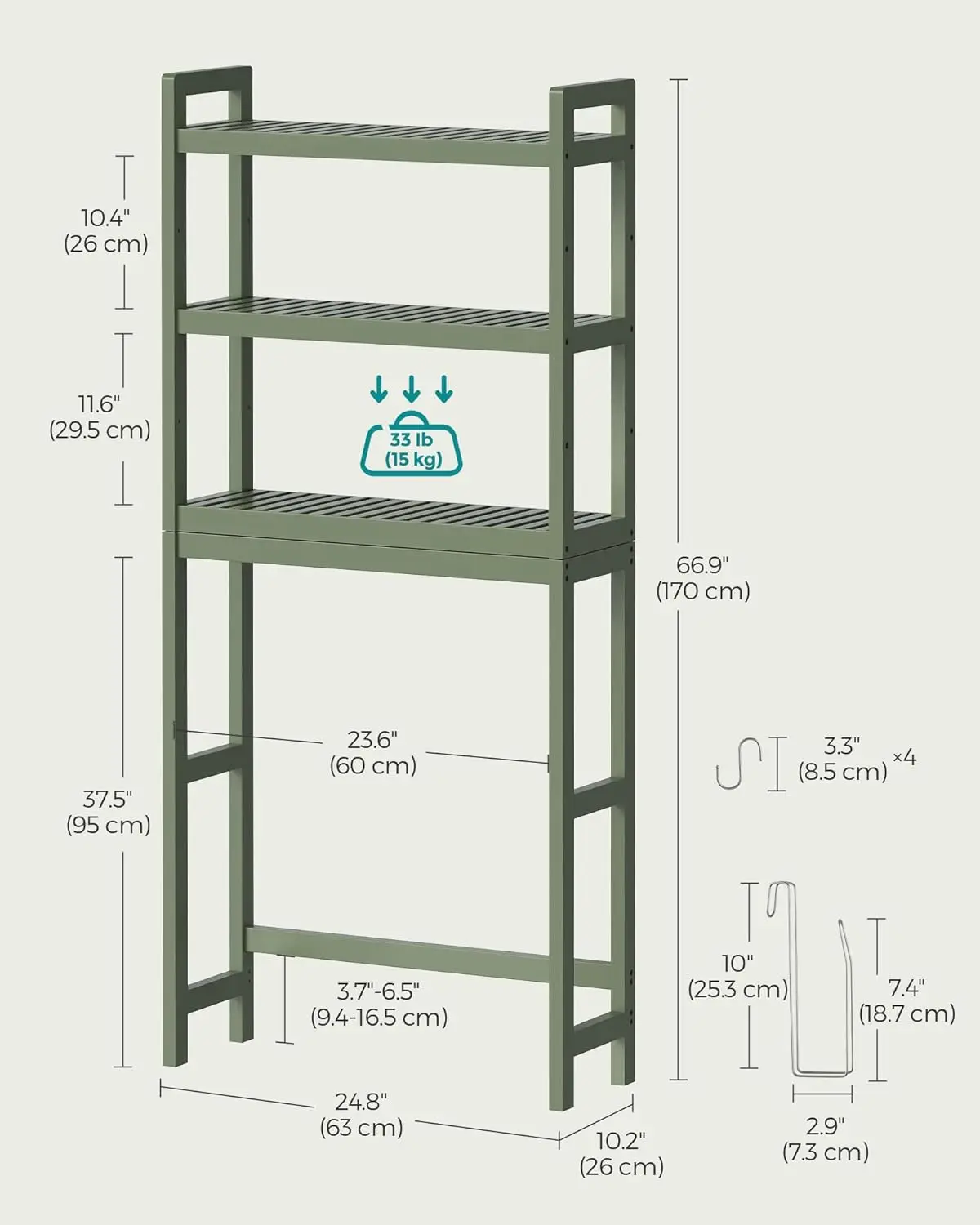 Over Toilet Storage. 3-Tier Organizer. 10.2"x24.8"x66.9". Adjustable Shelf. Space-Saving. Forest Green. UBTS001C01.
